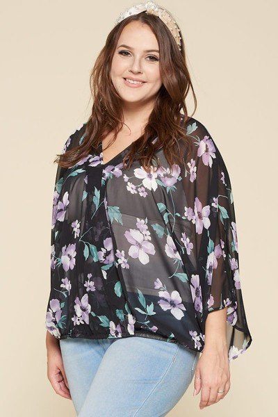 Plus Size Floral Chiffon Sheer Surplice Top - A&A Haute Spot