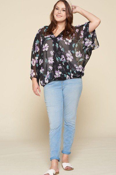 Plus Size Floral Chiffon Sheer Surplice Top - A&A Haute Spot