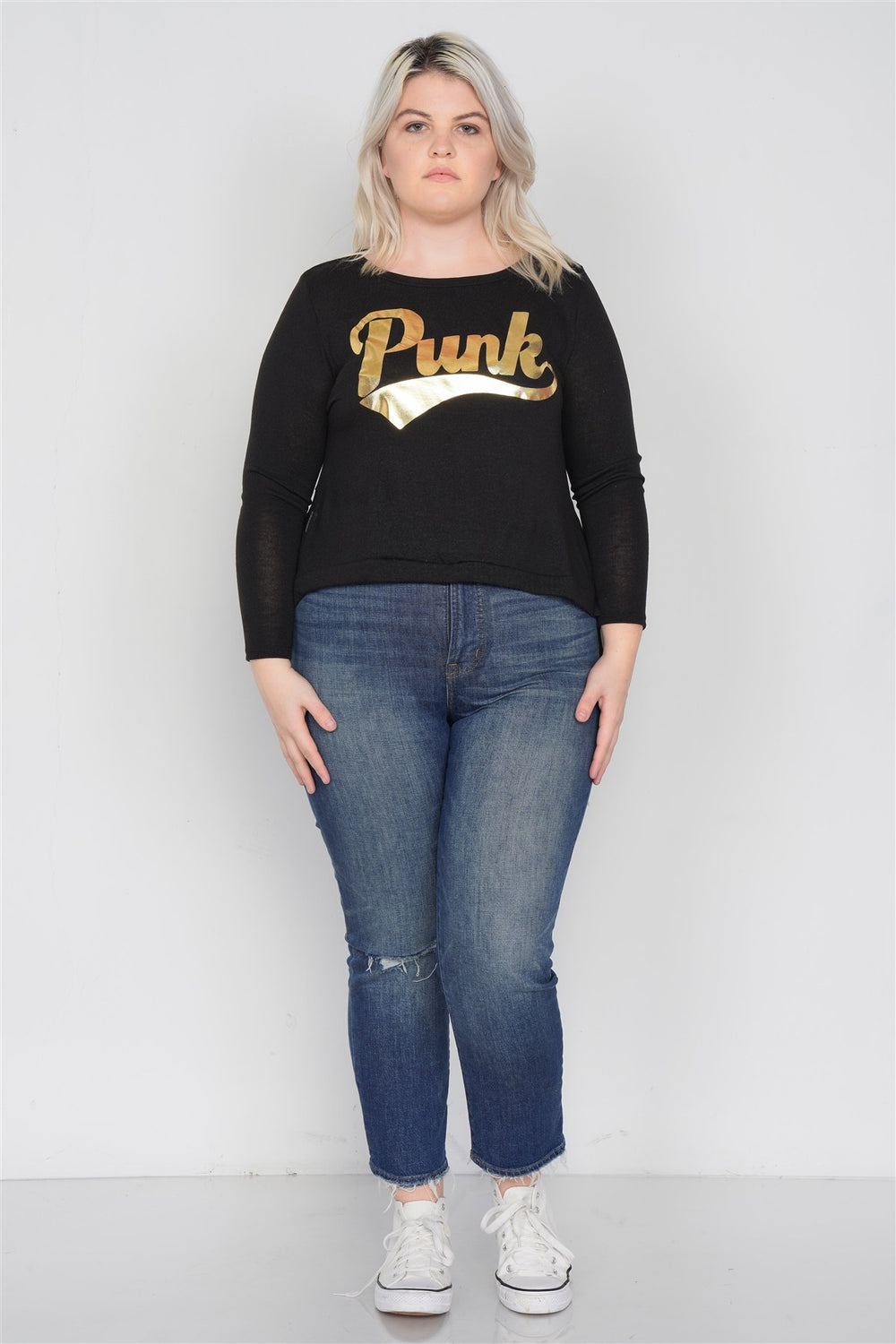Plus Size "punk" Graphic Print Long Sleeves Sheer Back Hi-lo Top - A&A Haute Spot