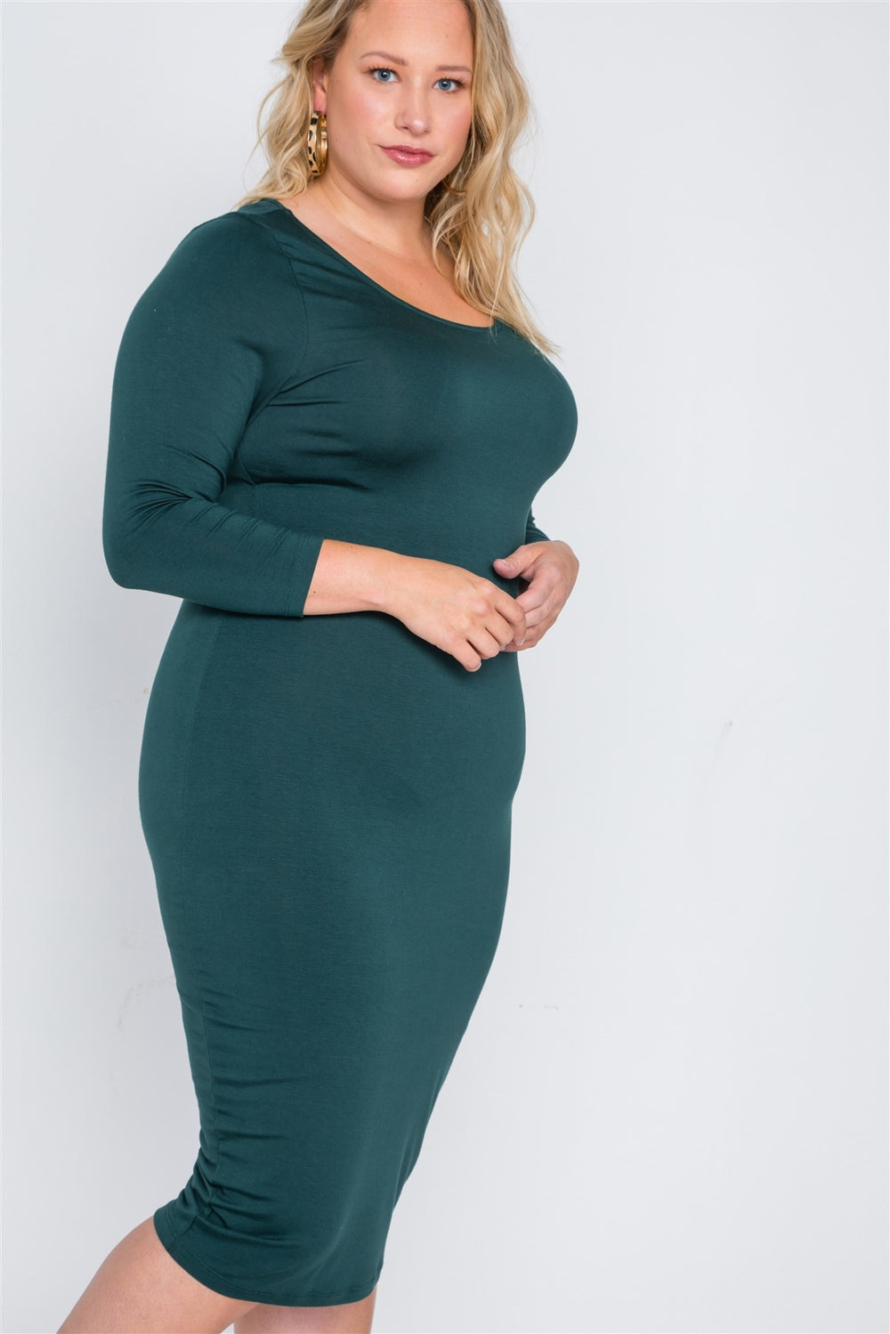 Plus Size Green Basic Long Sleeve Midi Dress - A&A Haute Spot
