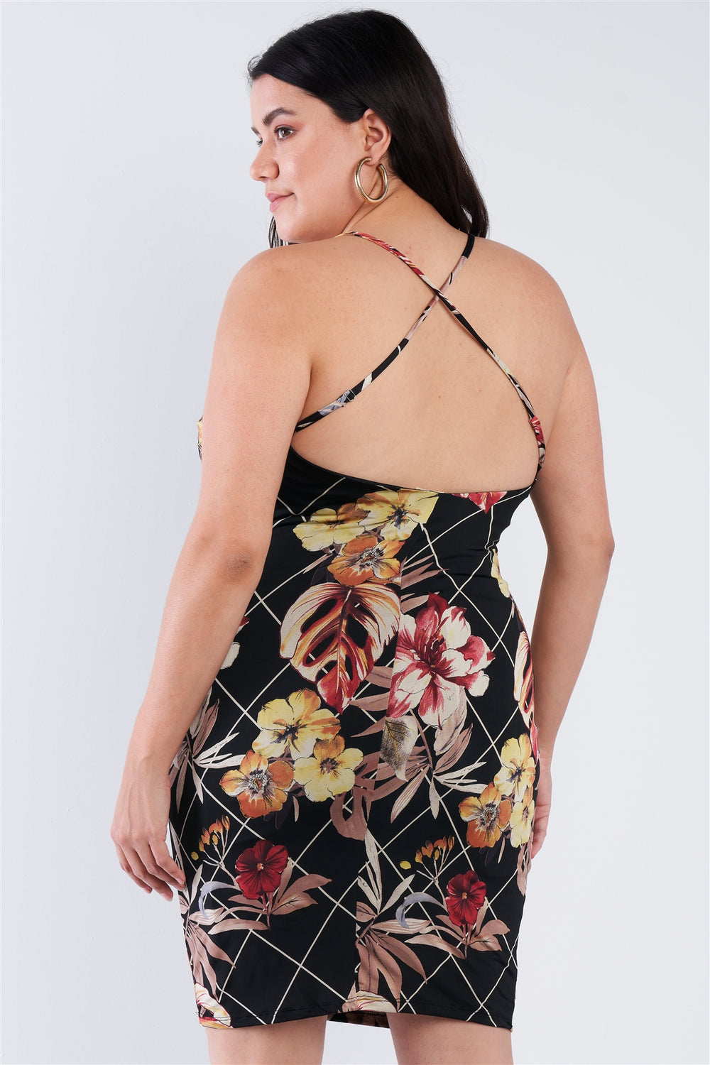 Plus Size Criss-cross Open Back Mini Floral Print Dress - A&A Haute Spot