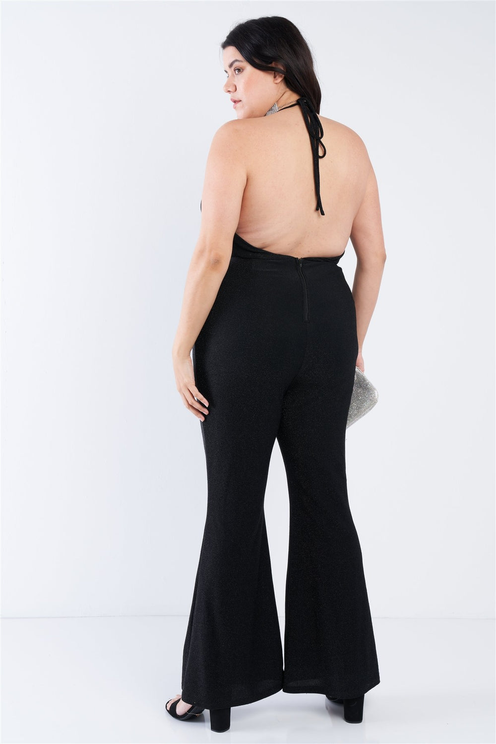 Plus Size Black Sequin Criss Cross Open Back Jumpsuit - A&A Haute Spot