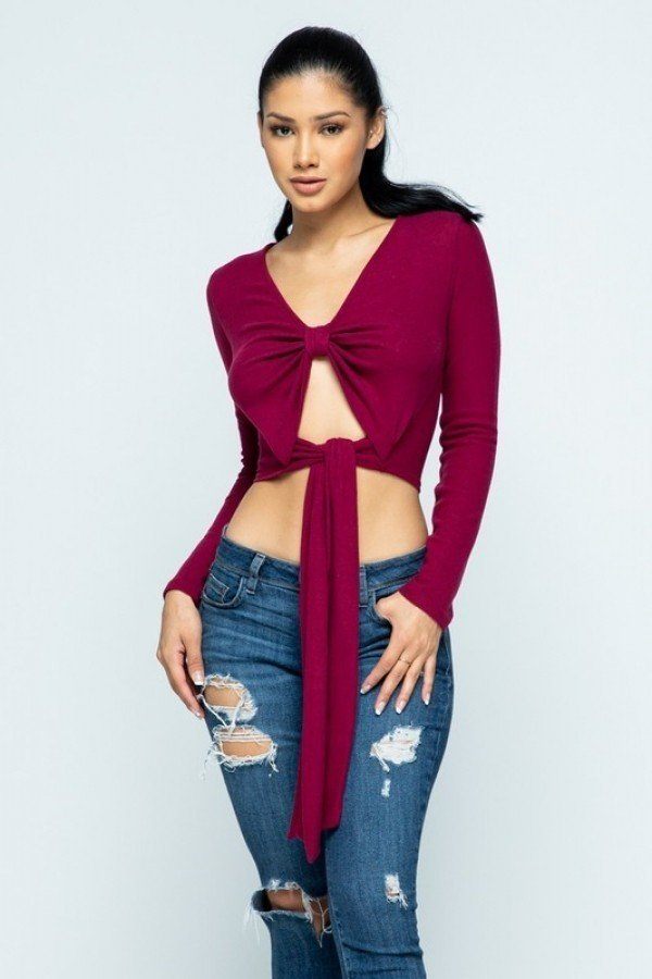 Soft Heavy Knit Front Ribbon Side Band Tie Long Sleeve Crop Top - A&A Haute Spot