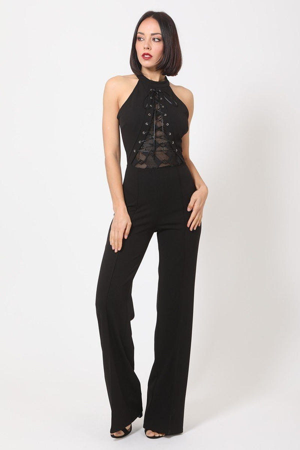 Halter Neck Jumpsuit W/ Criss Cross Front Tie Designs - A&A Haute Spot