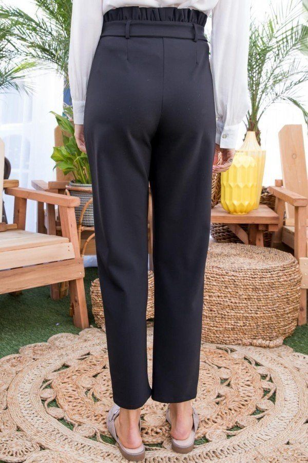 Ruffle High Waist Belt Side Pocket Front Zipper Solid Pants - A&A Haute Spot