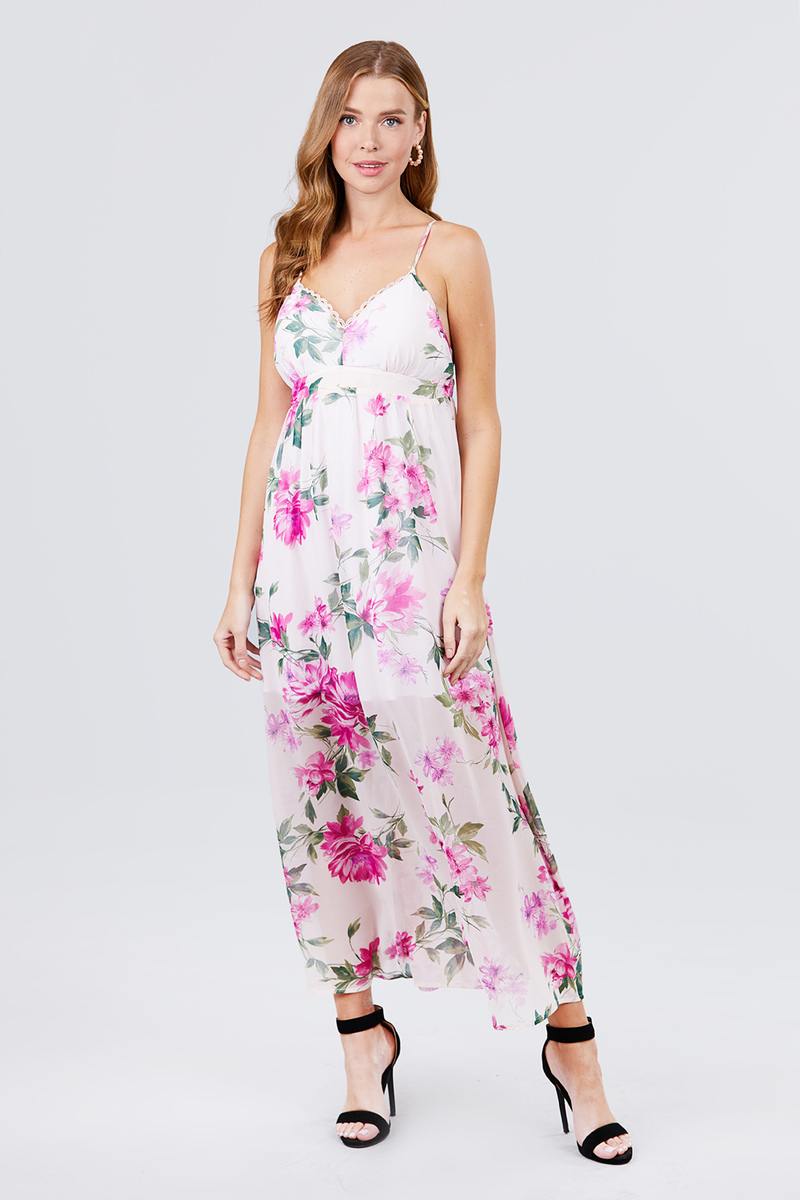 Deep V-neck W/cross Strap Print Maxi Dress - A&A Haute Spot