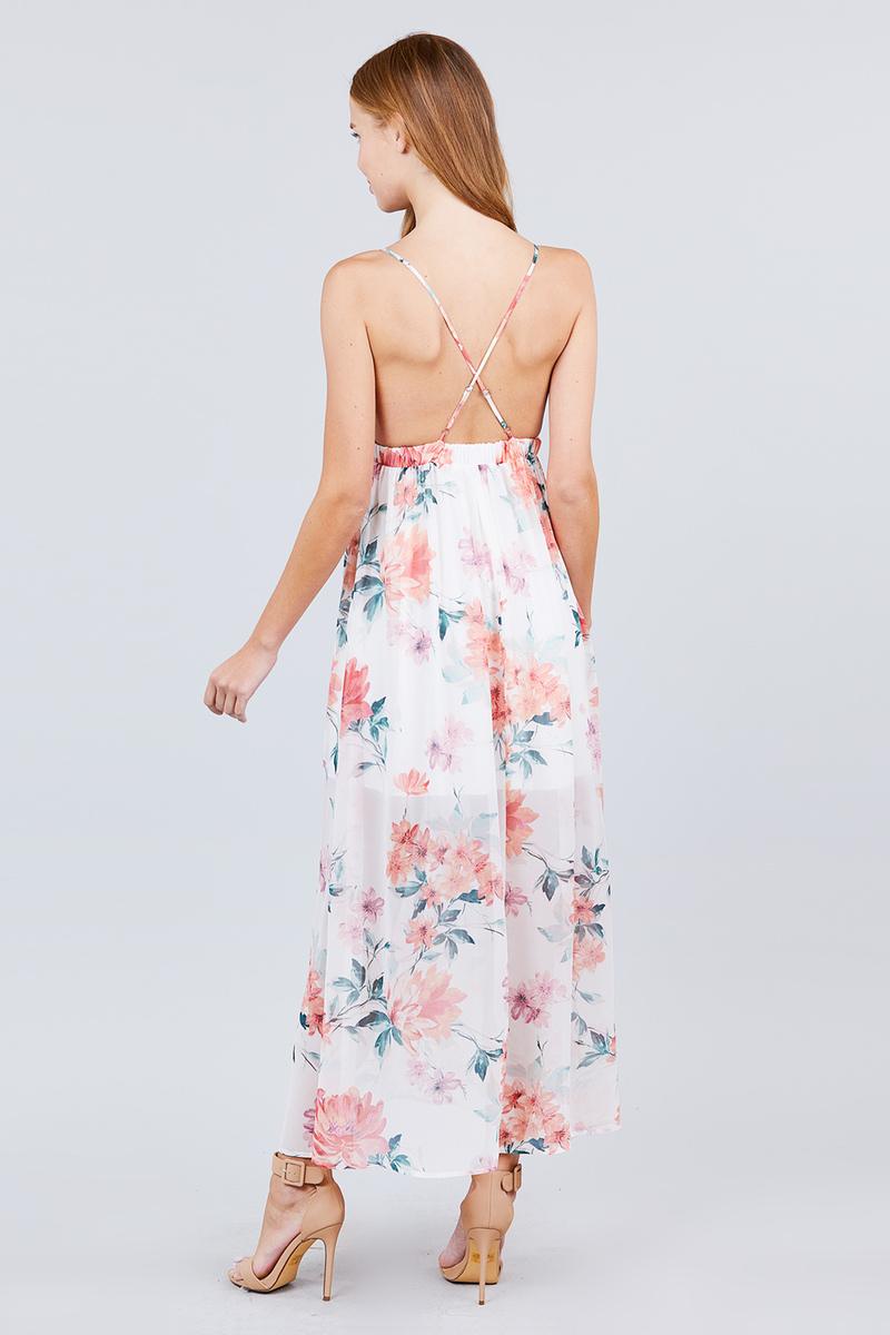 Deep V-neck W/cross Strap Print Maxi Dress - A&A Haute Spot