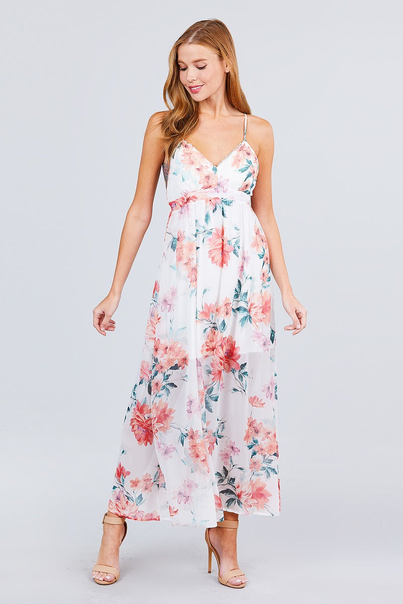 Deep V-neck W/cross Strap Print Maxi Dress - A&A Haute Spot