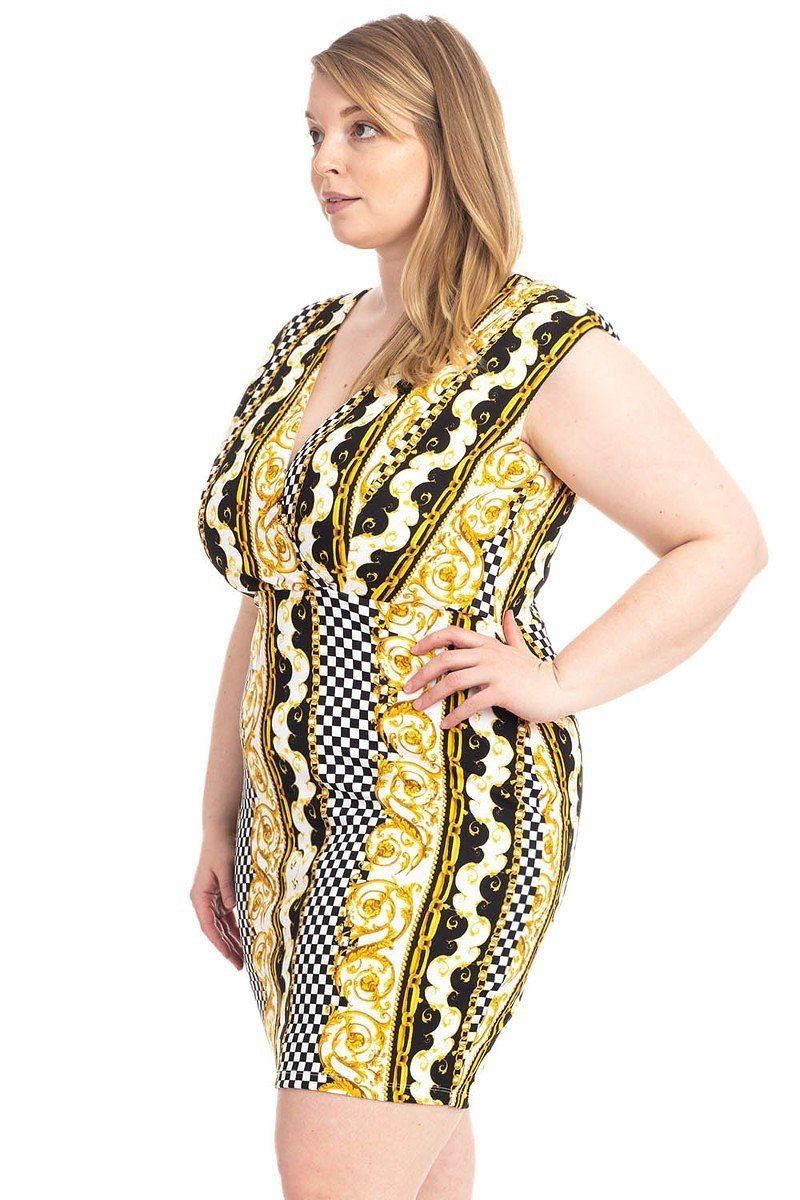 Plus Size Boarder Print  V-neck Bodycon Dress - A&A Haute Spot