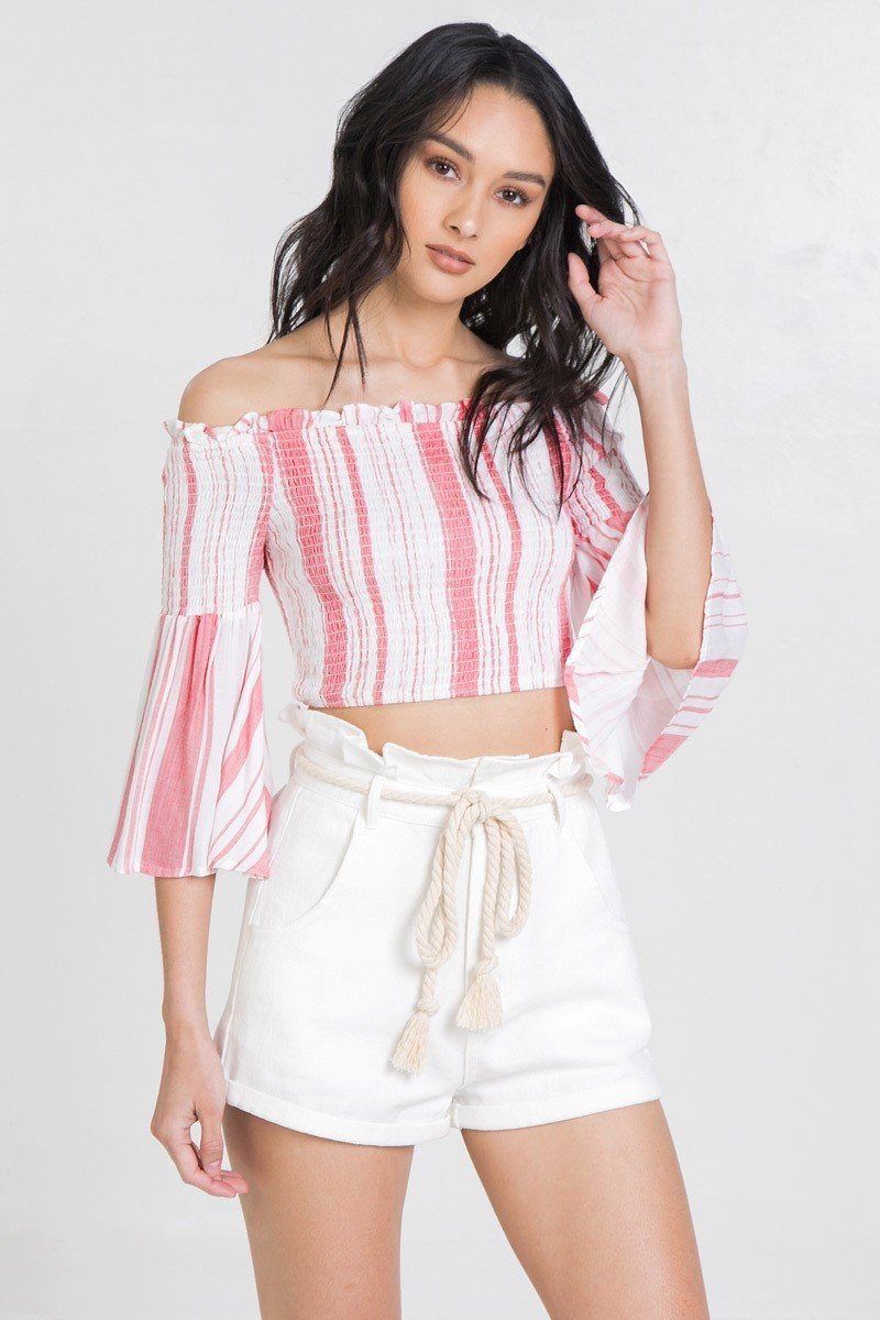 Striped Off-the-shoulder Gauze Crop Top - A&A Haute Spot