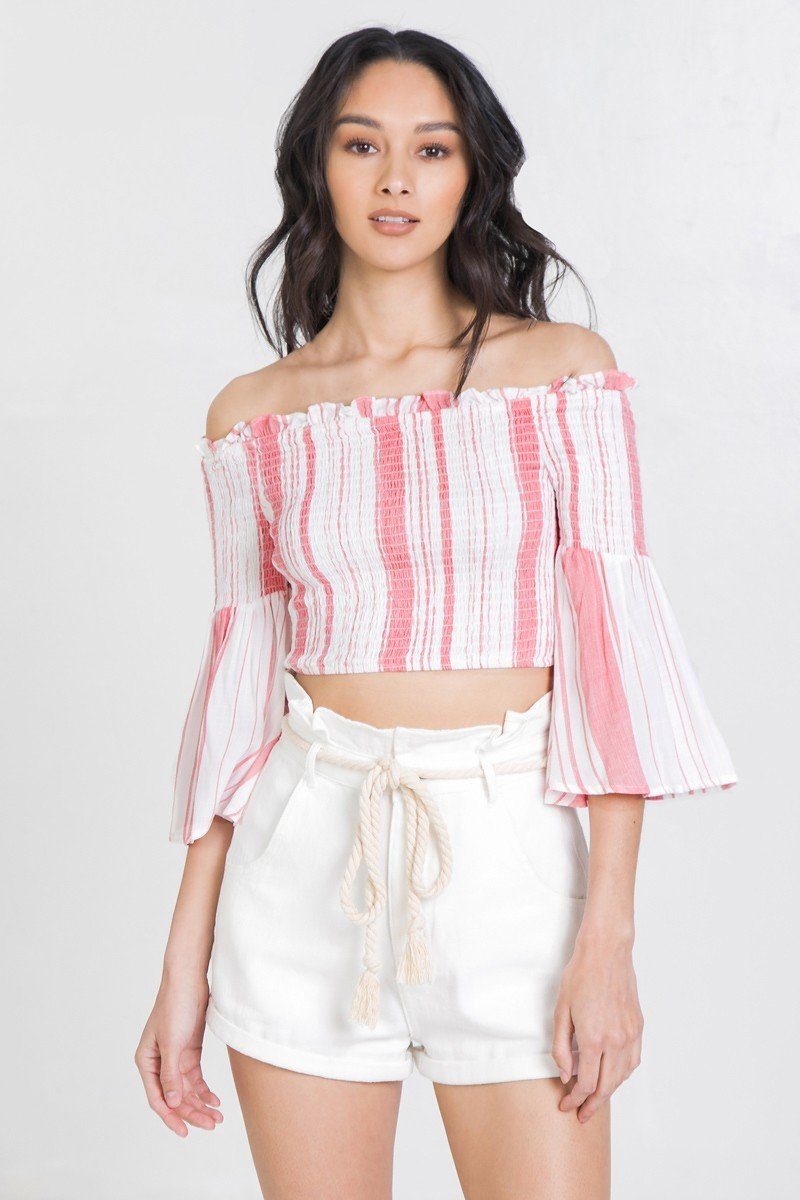 Striped Off-the-shoulder Gauze Crop Top - A&A Haute Spot