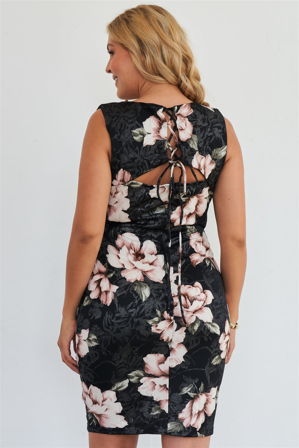 Plus Size Silver Pink Floral Print Bodycon Lace Up Back Midi Dress - A&A Haute Spot