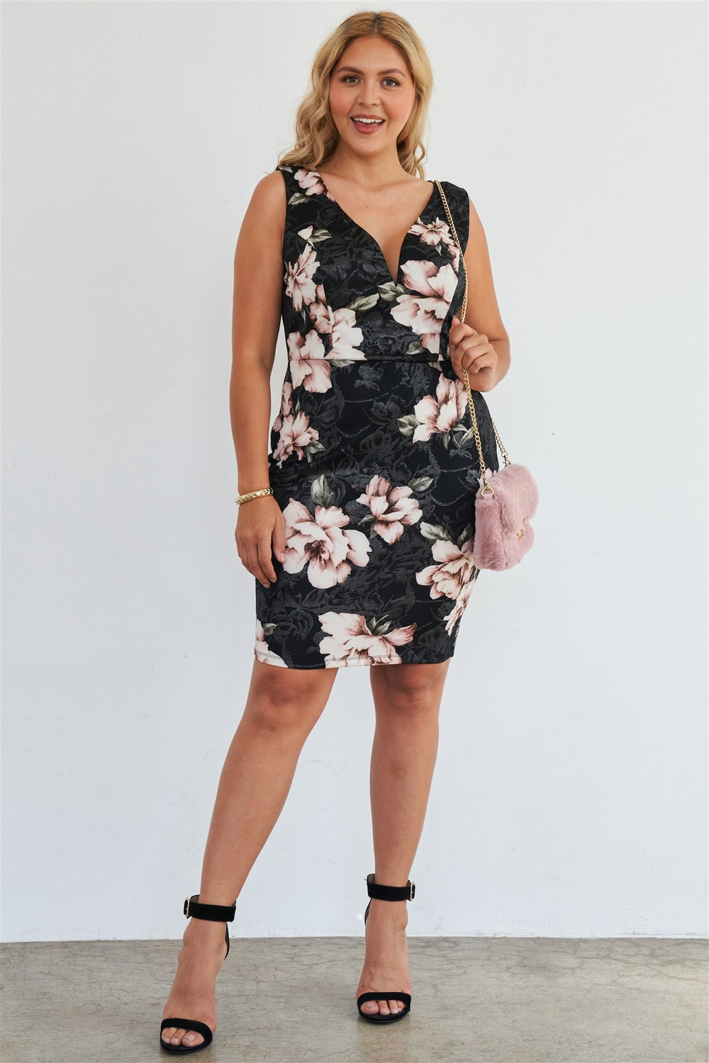 Plus Size Silver Pink Floral Print Bodycon Lace Up Back Midi Dress - A&A Haute Spot