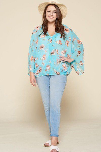 Plus Size Floral Chiffon Sheer Surplice Top - A&A Haute Spot