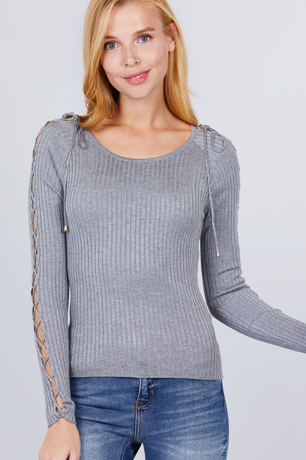 Long Sleeve W/strappy Detail Round Neck Rib Sweater Top - A&A Haute Spot