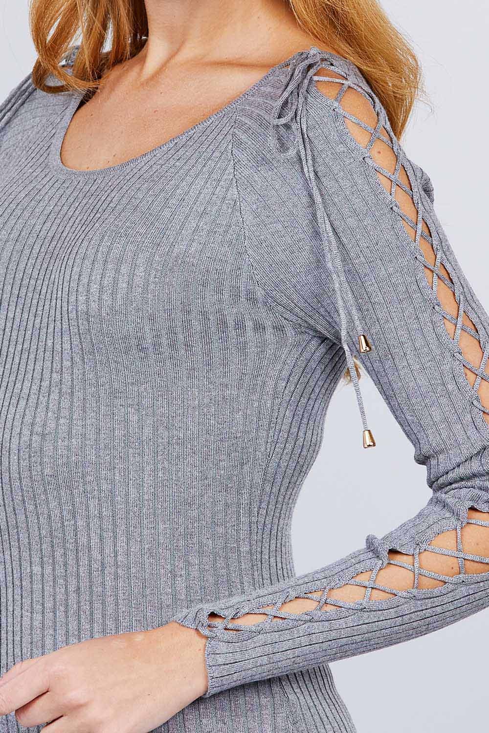 Long Sleeve W/strappy Detail Round Neck Rib Sweater Top - A&A Haute Spot