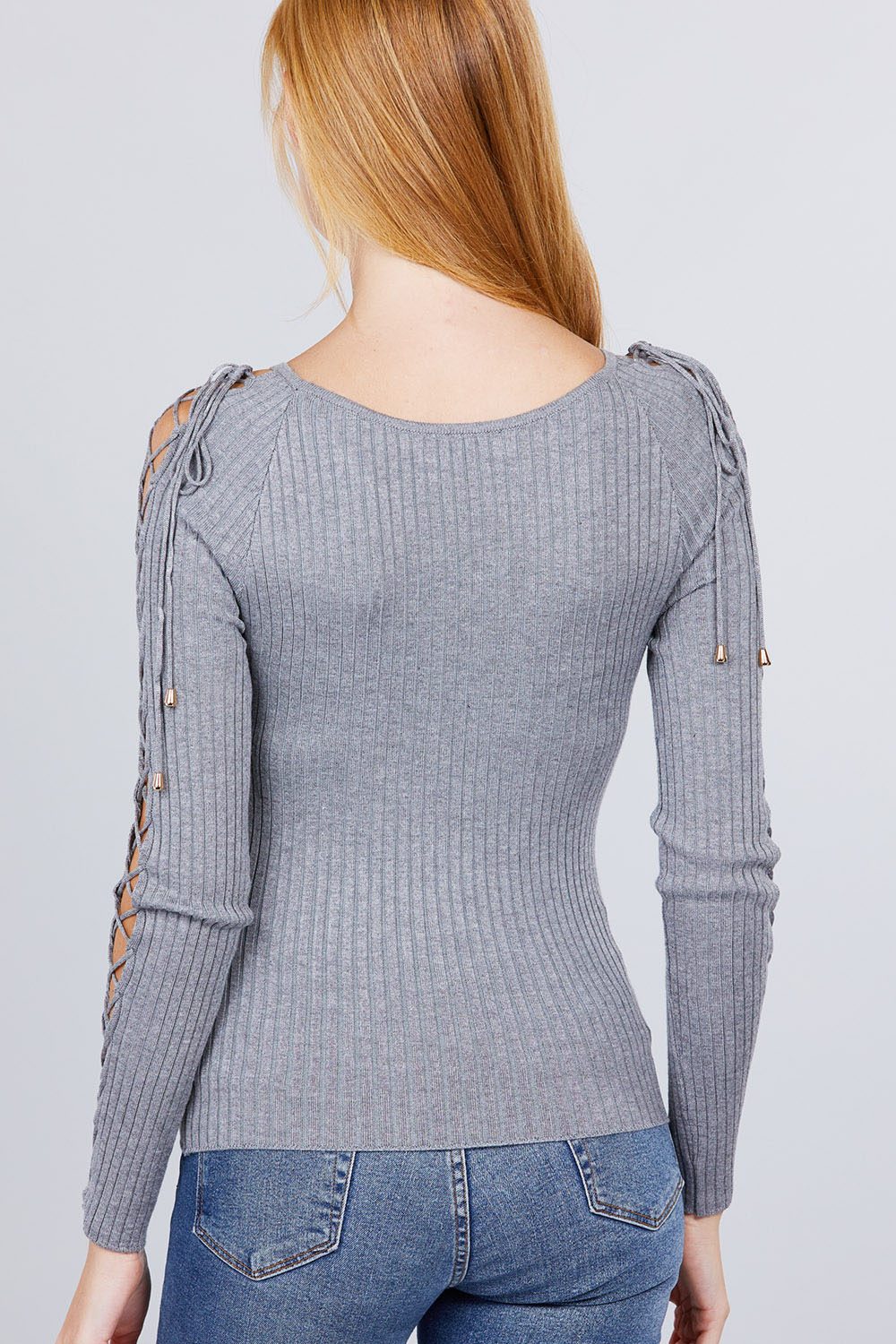 Long Sleeve W/strappy Detail Round Neck Rib Sweater Top - A&A Haute Spot