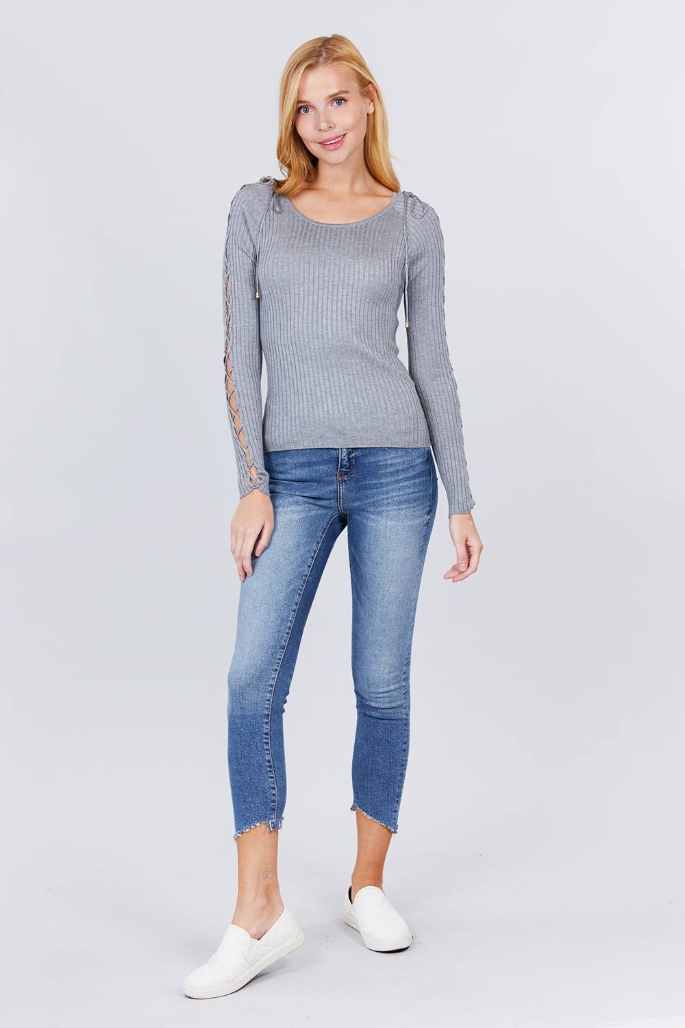 Long Sleeve W/strappy Detail Round Neck Rib Sweater Top - A&A Haute Spot