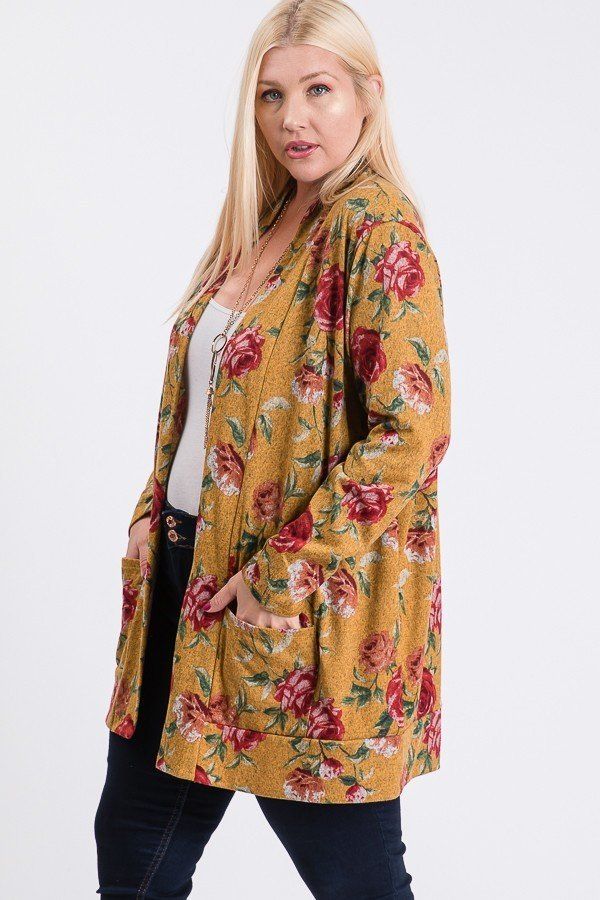 Plus Size Flower Print Pocket Flower Print Hacci Cardigan - A&A Haute Spot