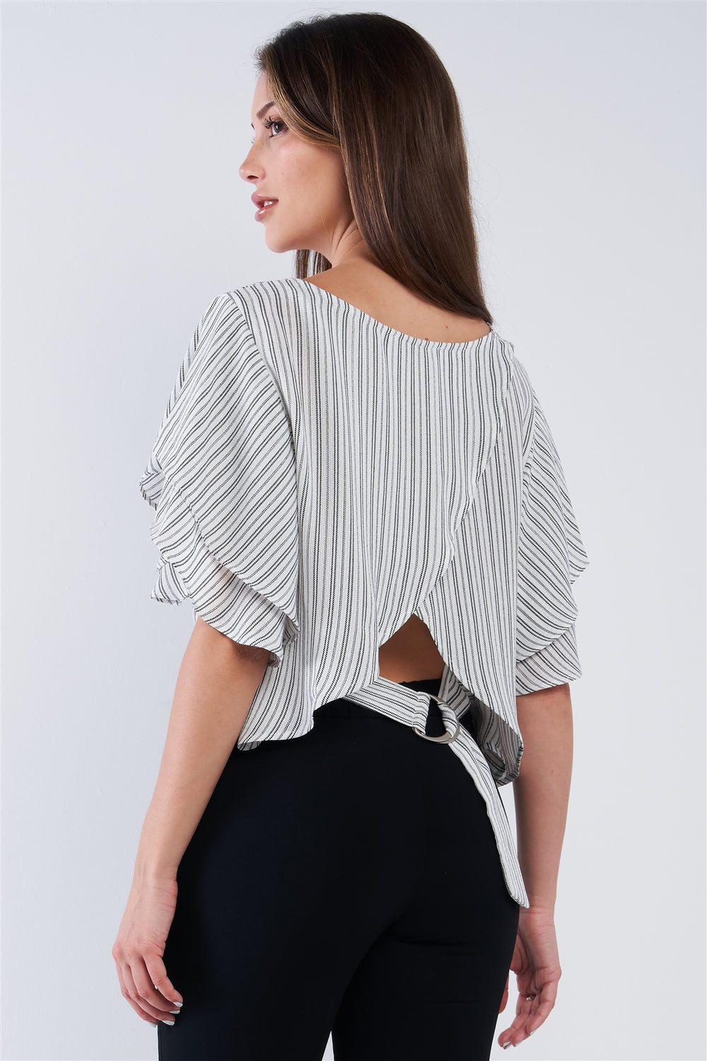 White Black Striped Ruffled Sleeve Backless Belted Blouse Top - A&A Haute Spot