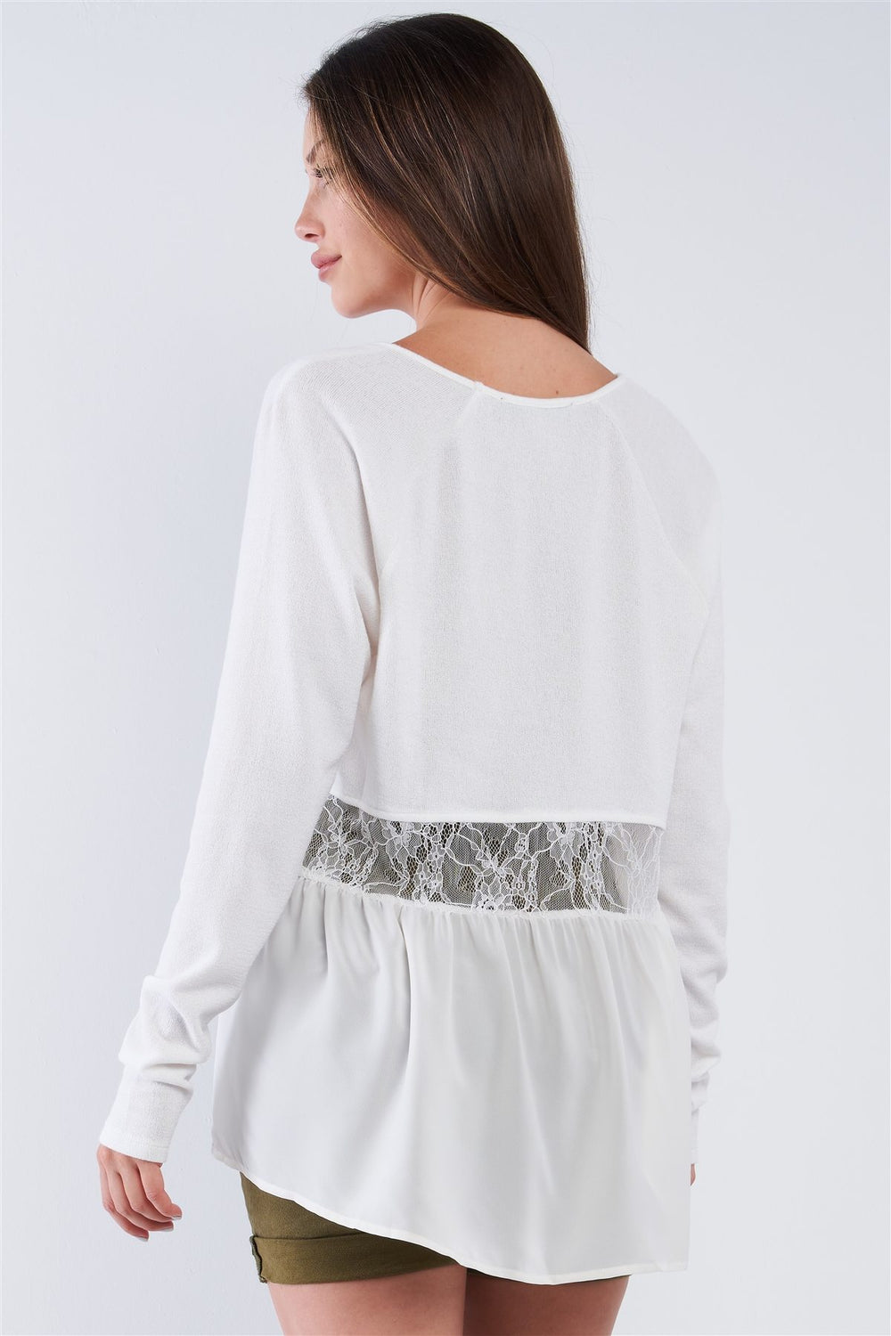 Off-white Loose Fit Long Sleeve V-neck Mesh Detail Tunic Pullover Top - A&A Haute Spot