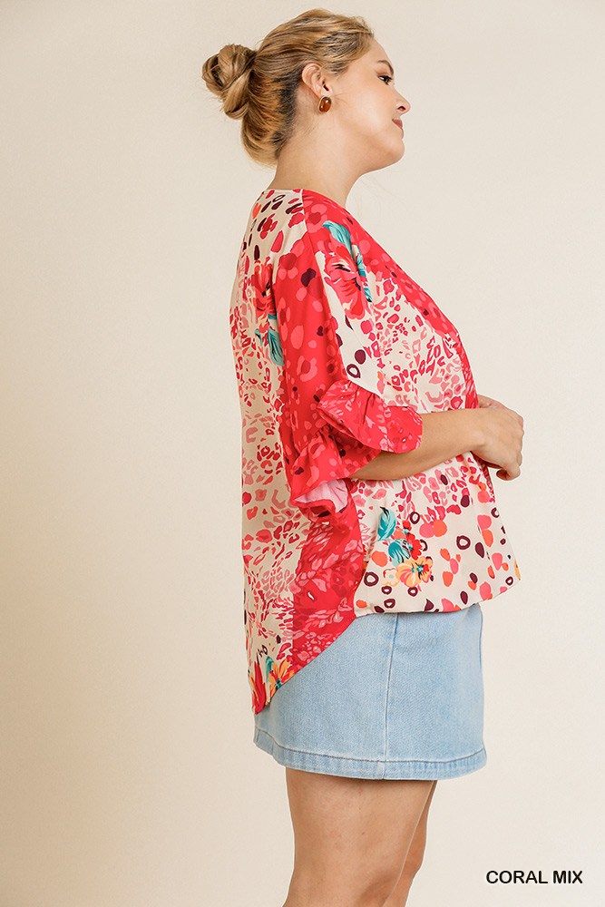 Floral Animal Mixed Print Ruffle Sleeve V-neck Crossbody Top With Scoop Hem - A&A Haute Spot