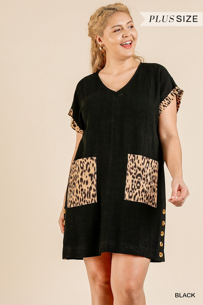 Animal Print Short Folded Sleeve V-neck Dress With Side Buttons And Front Pockets - A&A Haute Spot