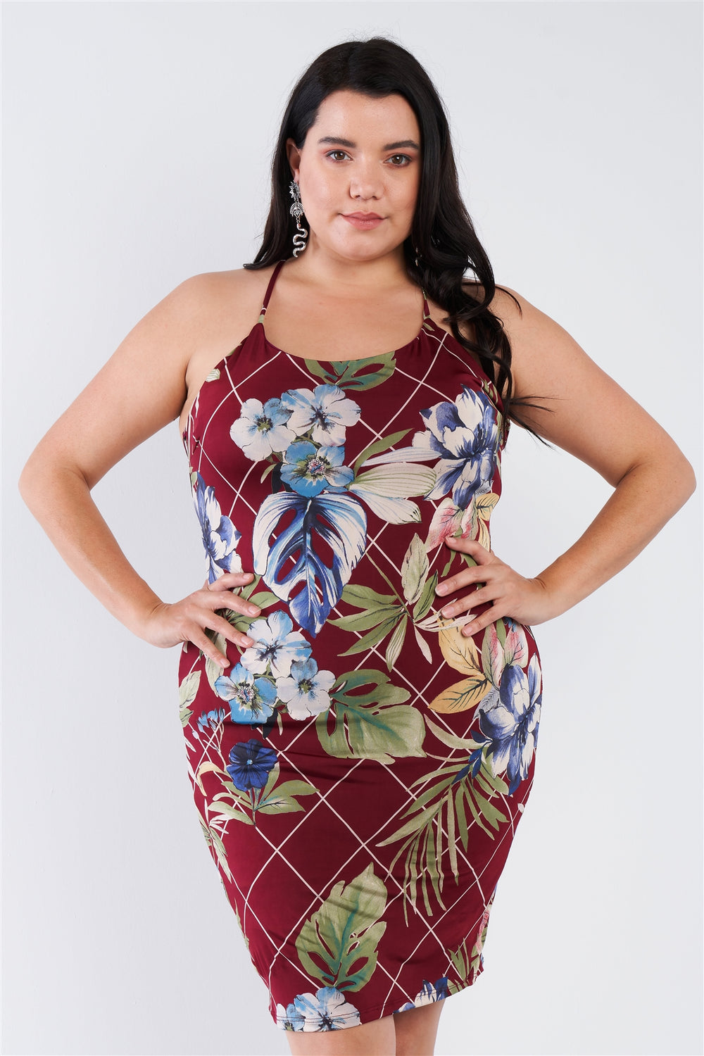 Plus Size Criss-cross Open Back Mini Floral Print Dress - A&A Haute Spot