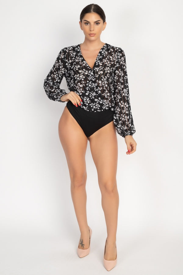 Floral & Shadow Striped Front Wrap Bodysuit - A&A Haute Spot