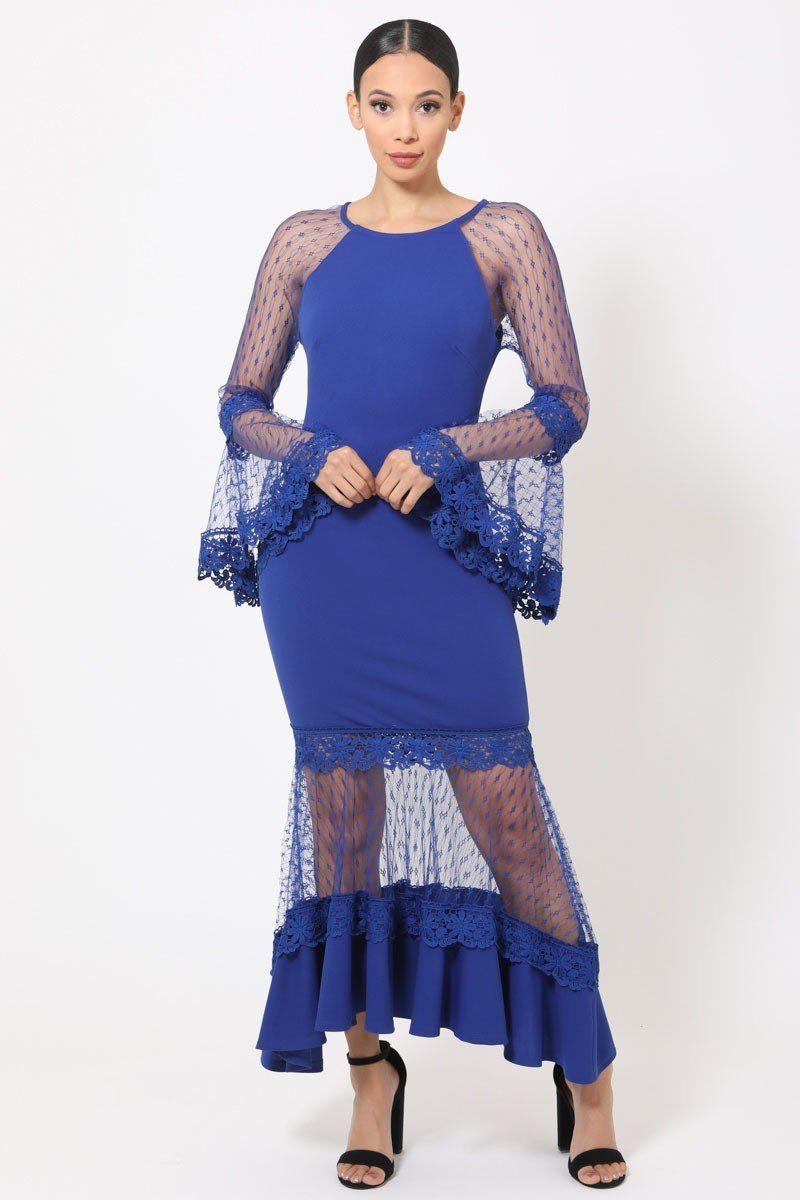 Bell Sleeve Mesh Combined Fashion Long Dress - A&A Haute Spot