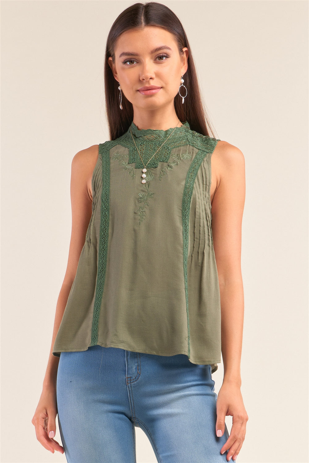 Forest Green Sleeveless Crochet Embroidered Hem Pleated Babydoll Top - A&A Haute Spot