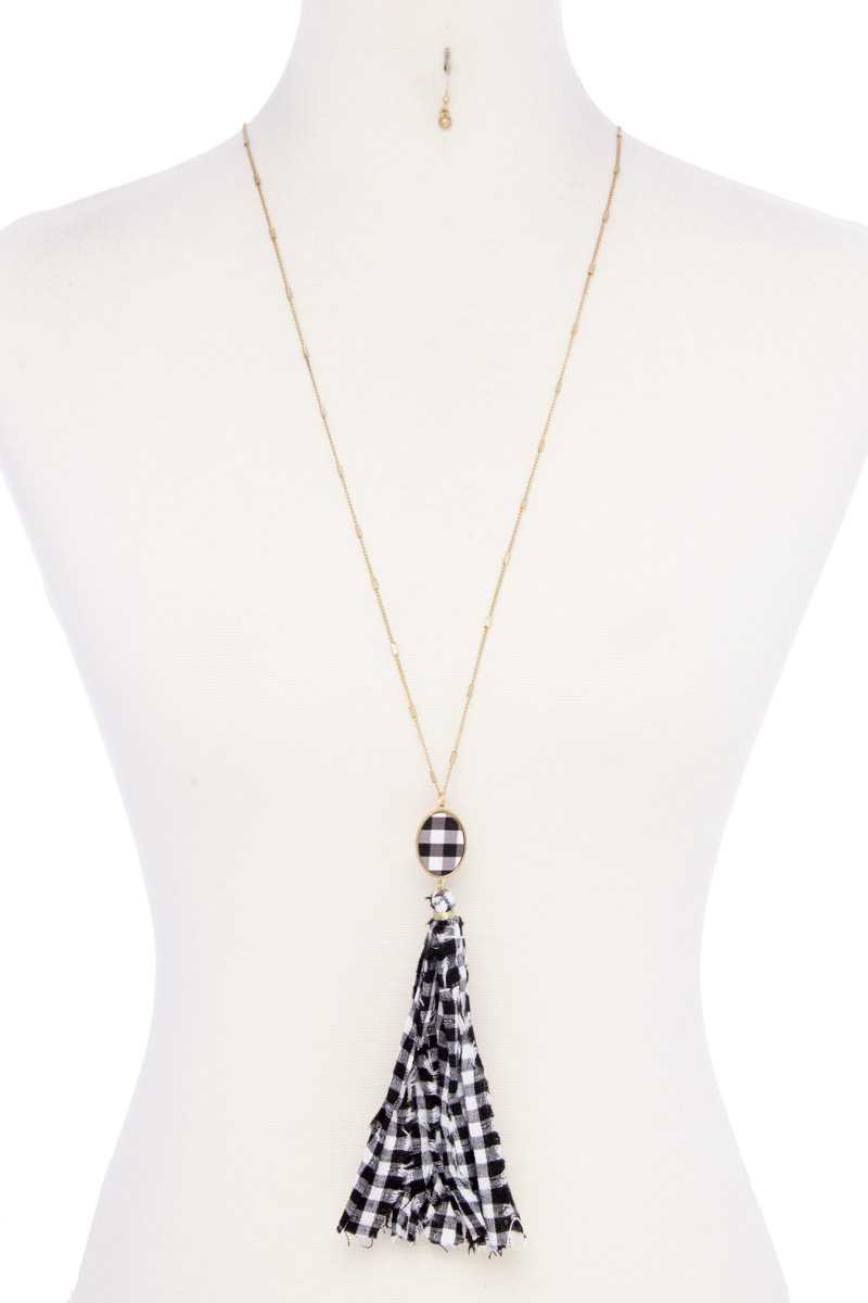 Checkered Pattern Fabric Tassel Necklace - A&A Haute Spot