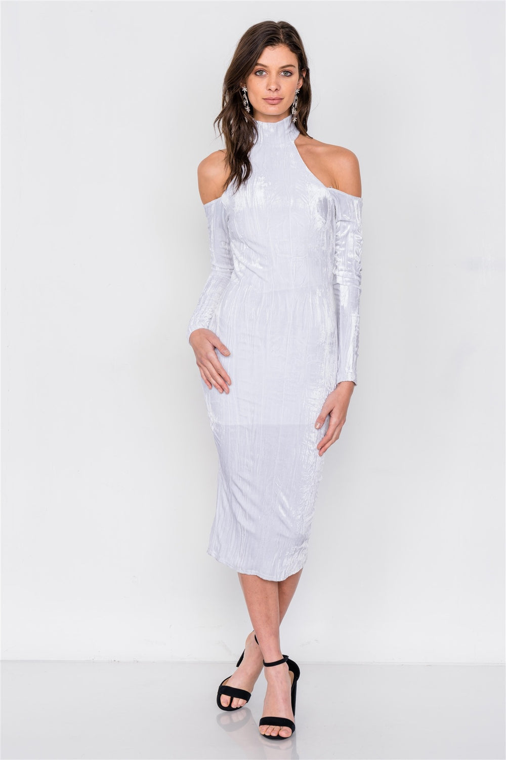 White Velvet Halter Crushed Cold Shoulder Turtleneck Long Sleeve Back Slit Midi Dress - A&A Haute Spot