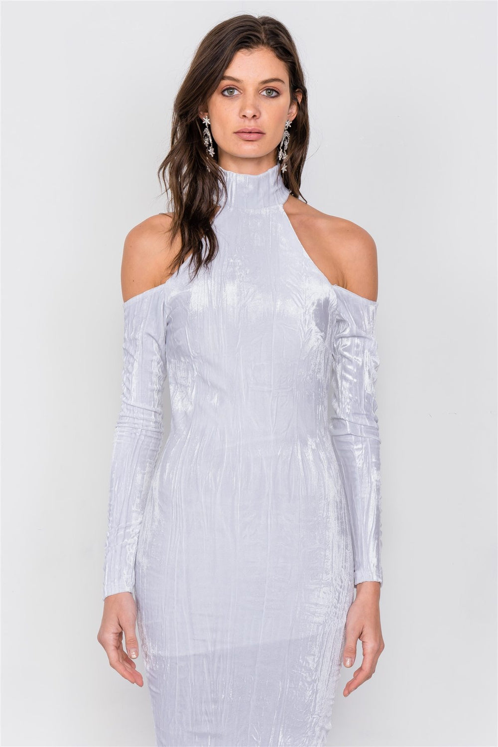 White Velvet Halter Crushed Cold Shoulder Turtleneck Long Sleeve Back Slit Midi Dress - A&A Haute Spot