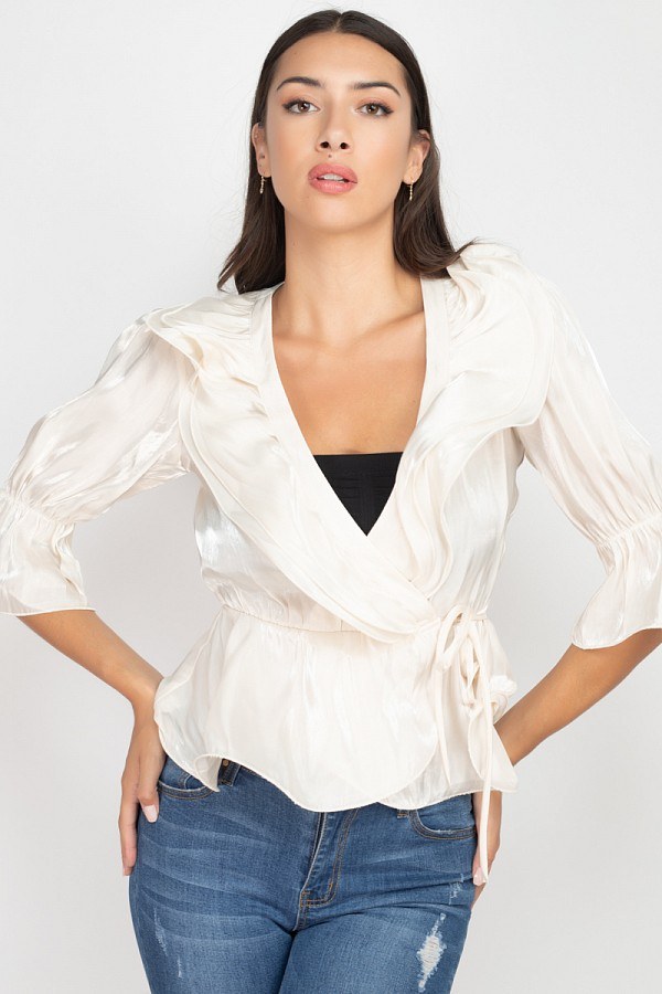 Surplice Short Sleeve Ruffle Top - A&A Haute Spot