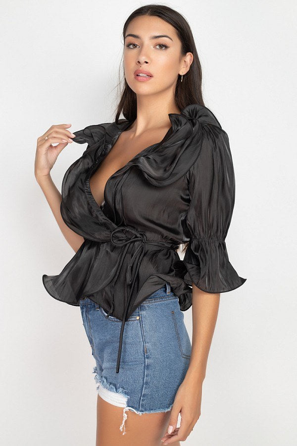 Surplice Short Sleeve Ruffle Top - A&A Haute Spot