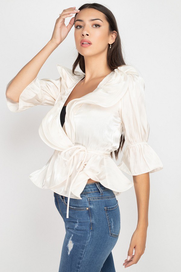 Surplice Short Sleeve Ruffle Top - A&A Haute Spot