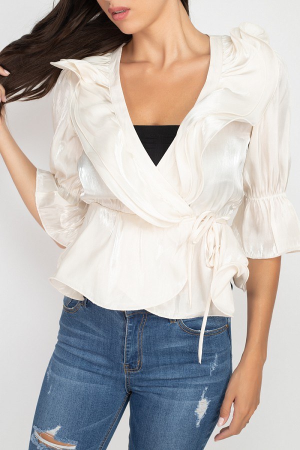 Surplice Short Sleeve Ruffle Top - A&A Haute Spot