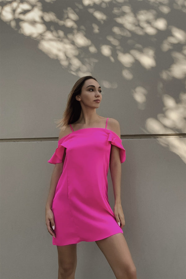 Hot Pink Cold Shoulder Ruffle Mini Shift Dress - A&A Haute Spot