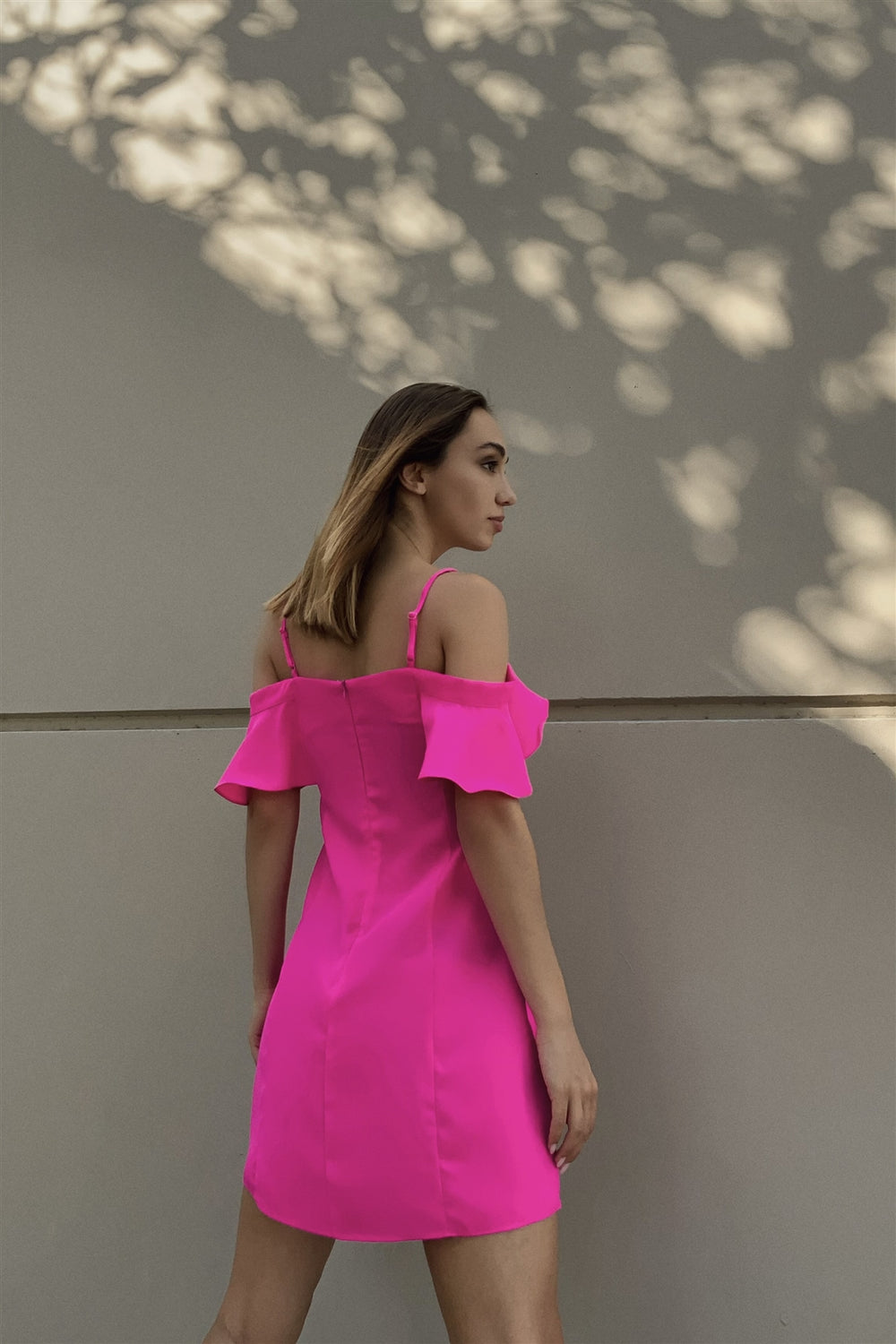 Hot Pink Cold Shoulder Ruffle Mini Shift Dress - A&A Haute Spot