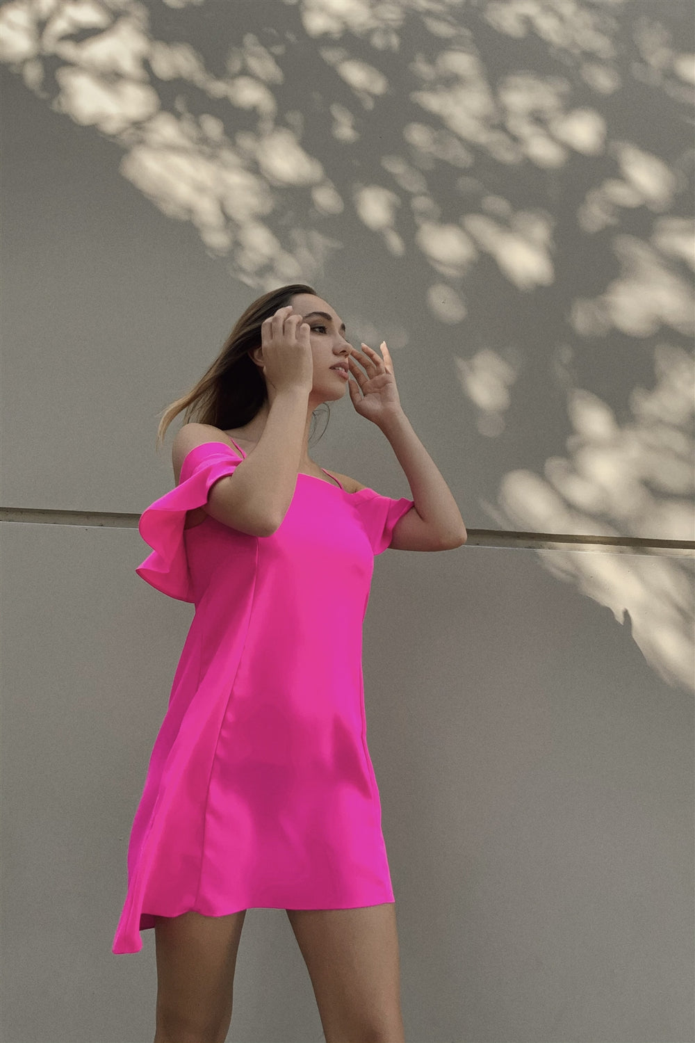 Hot Pink Cold Shoulder Ruffle Mini Shift Dress - A&A Haute Spot