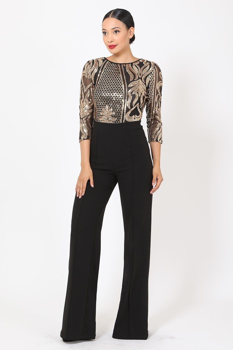 Open Back Gold Sequin Pattern Jumpsuit - A&A Haute Spot