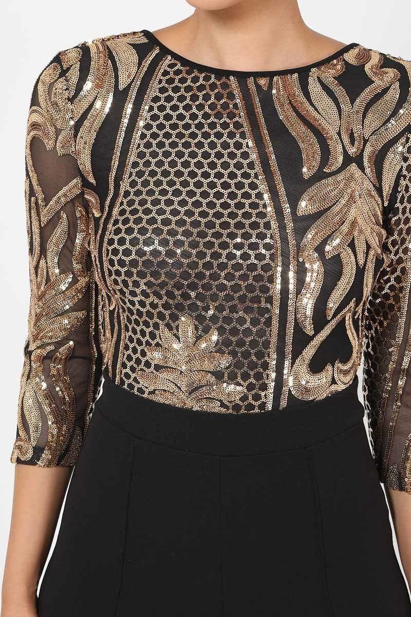 Open Back Gold Sequin Pattern Jumpsuit - A&A Haute Spot