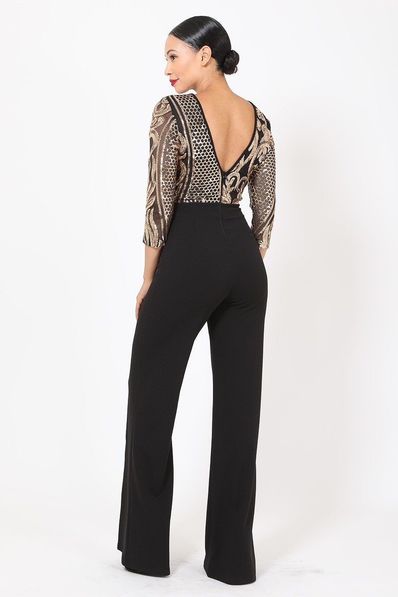 Open Back Gold Sequin Pattern Jumpsuit - A&A Haute Spot