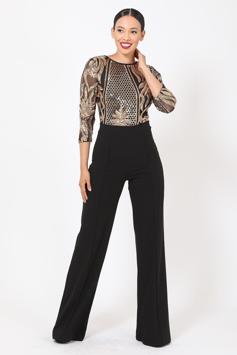 Open Back Gold Sequin Pattern Jumpsuit - A&A Haute Spot