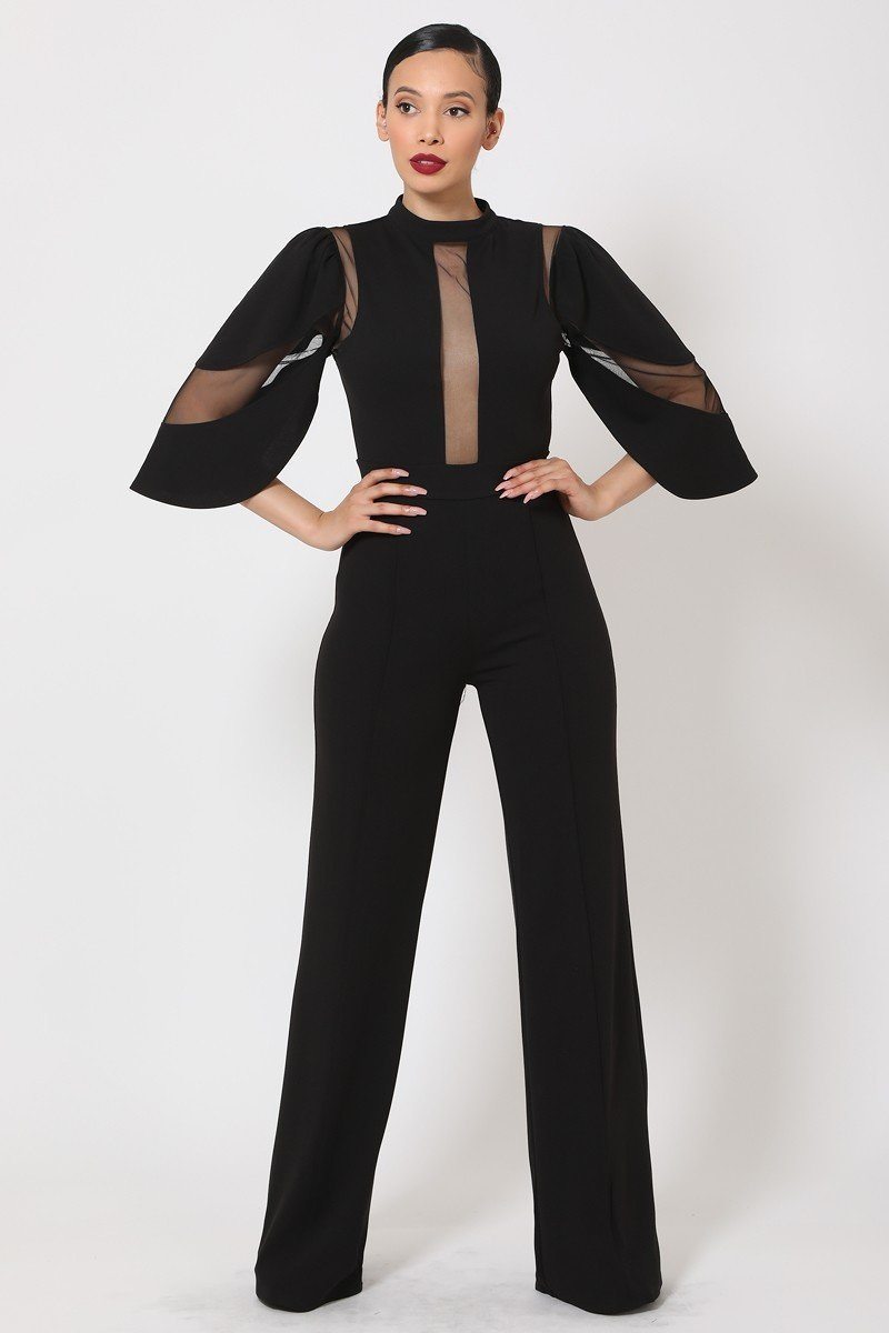 Semi Sheer Mesh Contrast Bodice Jumpsuit - A&A Haute Spot